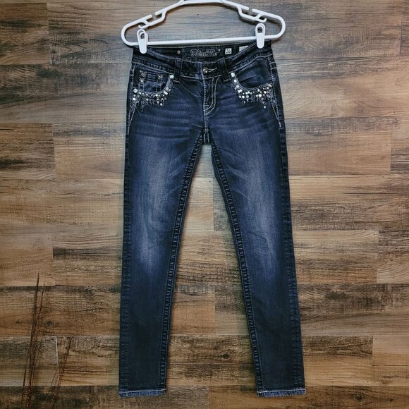 Miss Me Jeans Size 26 Low Rise Skinny Embellished Thick Stitch Western Black - Picture 2 of 11